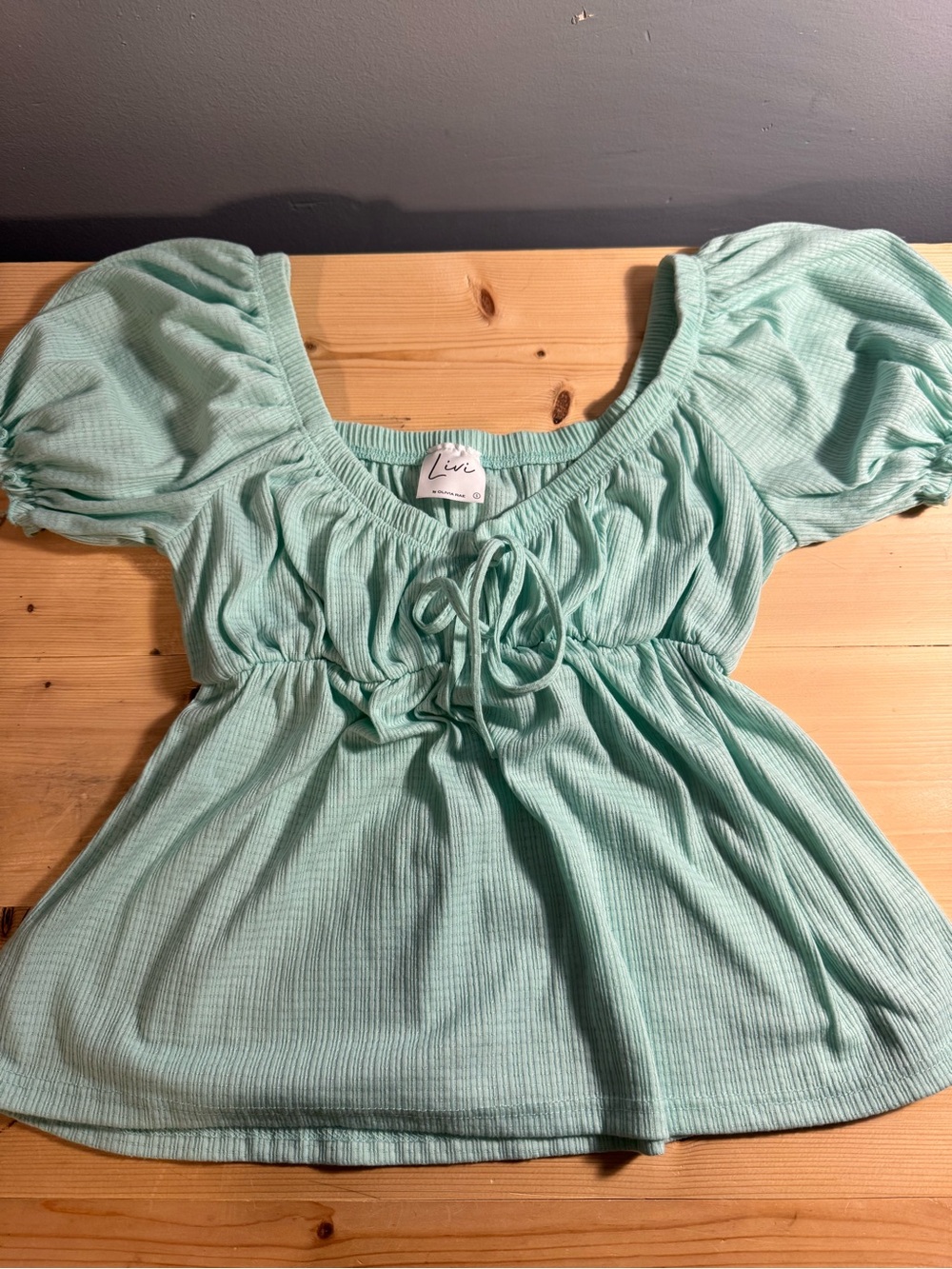 Olivia Rae Mint Puff-Sleeve Tie-Front Top